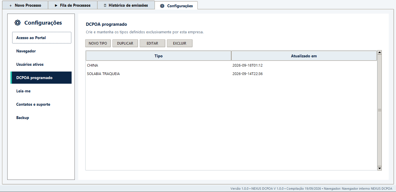 Configurações do NEXUS DCPOA