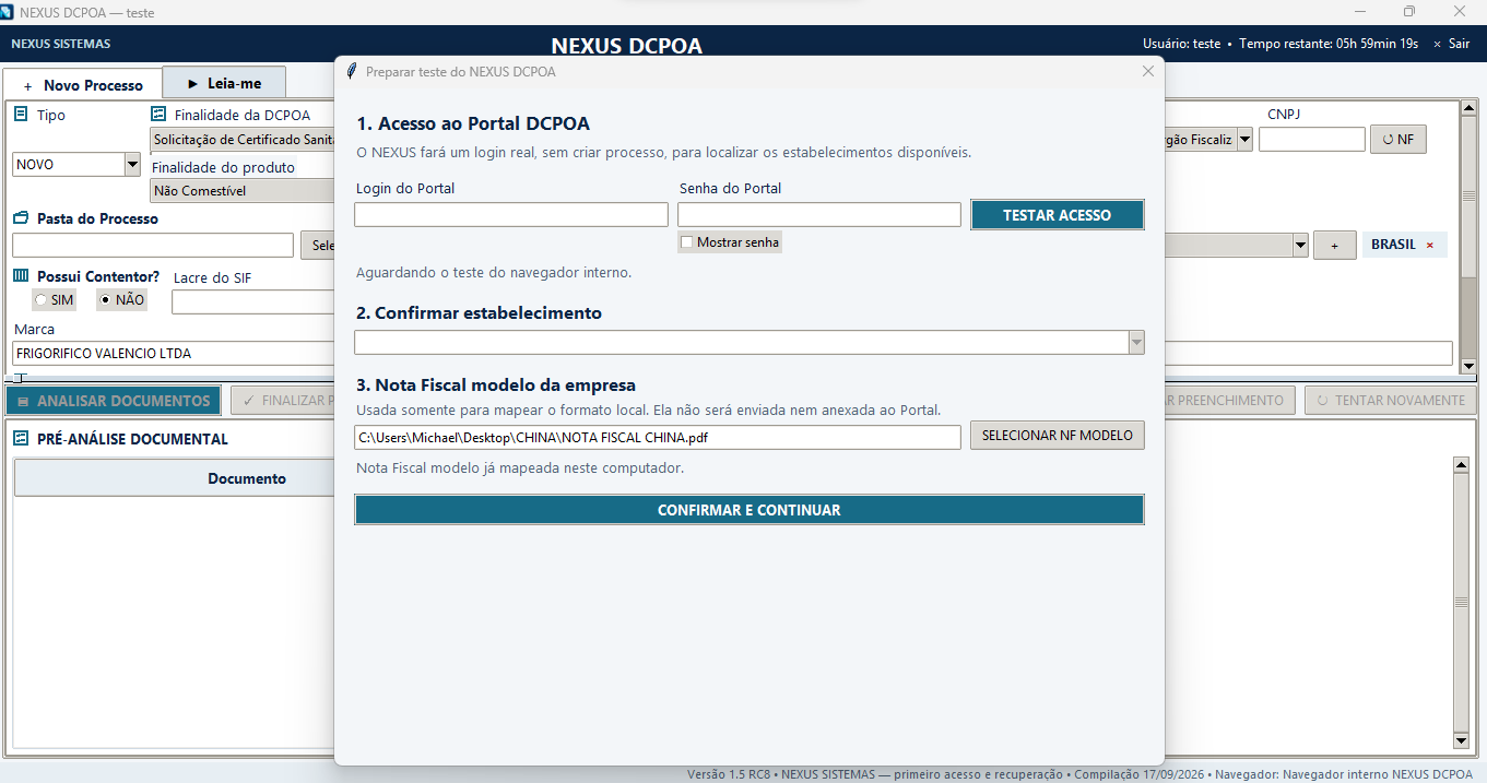 Tela de preparação e operação do NEXUS DCPOA