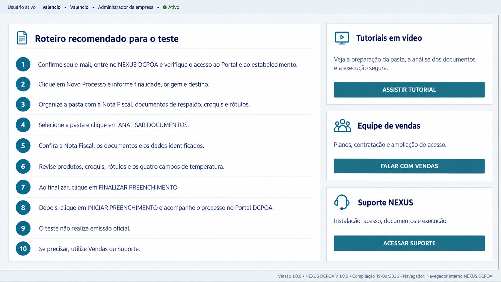 Roteiro de teste e canais de atendimento do NEXUS DCPOA